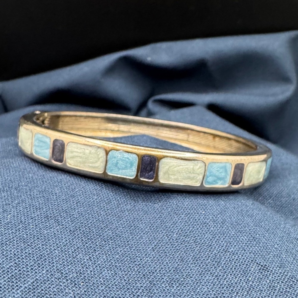 Vintage Bangle Bracelet Enamel Tile Silver Tone Blue Green Geometric 6.25"